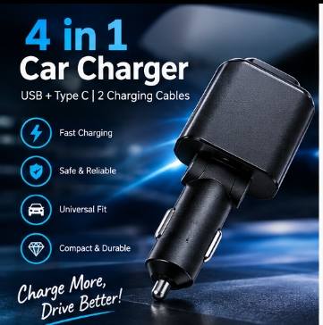 4-in-1 Car Charger USB & USB-C Fast Charging Adapter with Built-In Cables